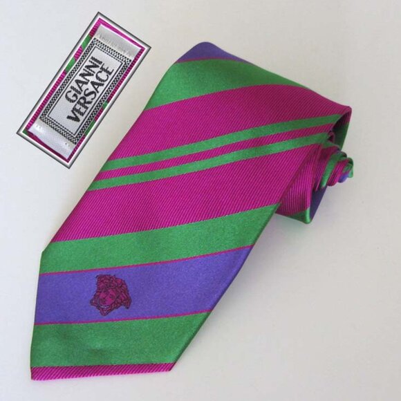 VERSACE Medusa green violet pink-red striped tie Italy 100% silk - Picture 1 of 6